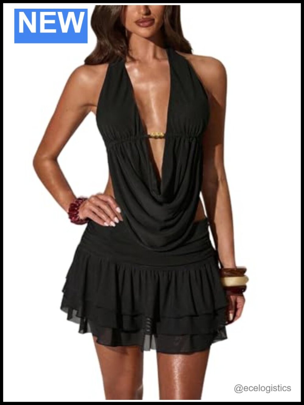 Y2K 2 Piece Skirt Set Backless Halter Top Ruffle Mini Skirt